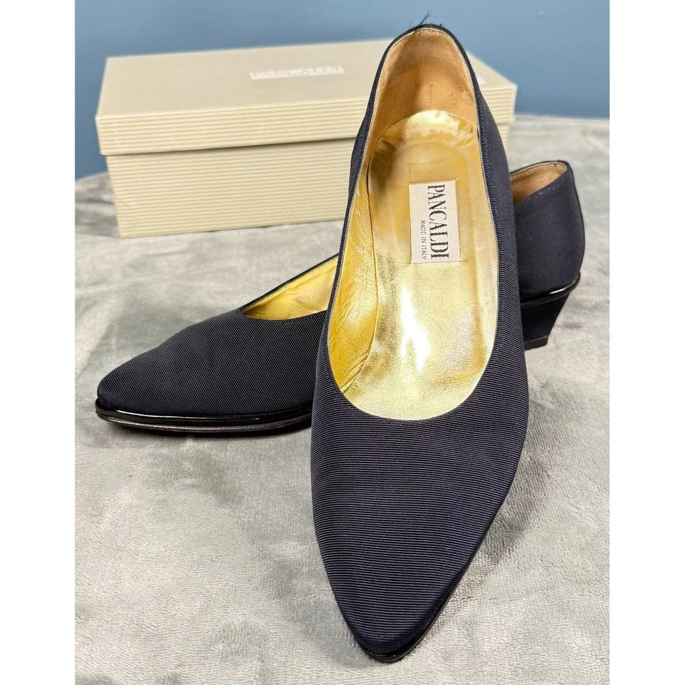 Pancaldi 1888 Womens 8 B Navy Grosgrain Pumps Kitten Heel Italy